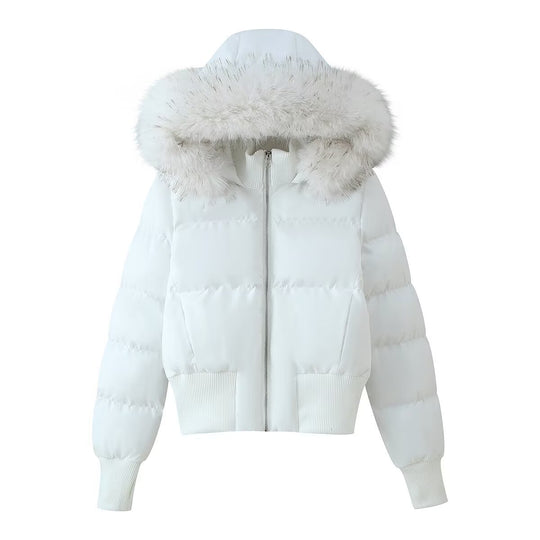 Damen Gepolsterte Cropped-Bomberjacke mit Kapuze und abnehmbarem Kunstpelzbesatz Nord Taschen