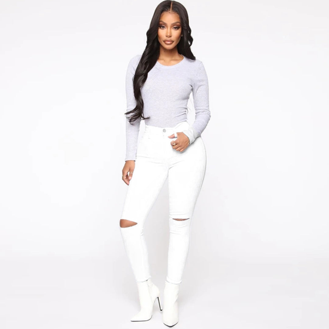 Damen High-Waist Skinny-Jeans mit Knie-Rissen und figurformendem Schnitt Nord Taschen