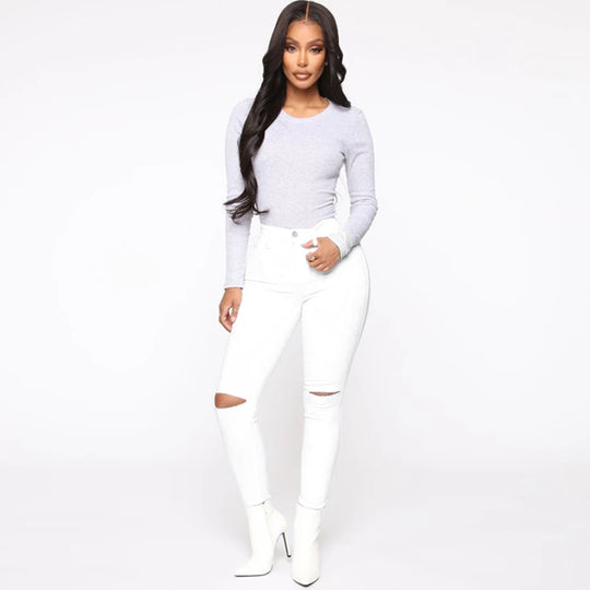 Damen High-Waist Skinny-Jeans mit Knie-Rissen und figurformendem Schnitt Nord Taschen