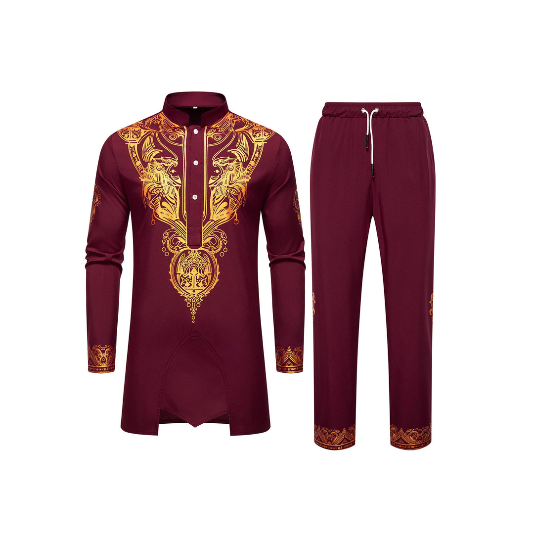 Herren Ornamentales Tunika-Set mit Stehkragen, Halbknopfleiste und goldverziertem Print Nord Taschen