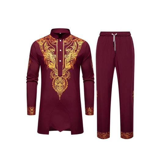 Herren Ornamentales Tunika-Set mit Stehkragen, Halbknopfleiste und goldverziertem Print Nord Taschen