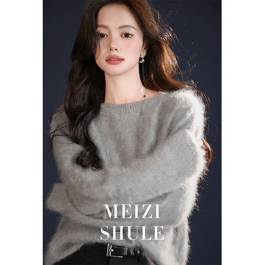 Damen Flauschiger Mohair-Optik Strickpullover mit Rundhalsausschnitt Nord Taschen