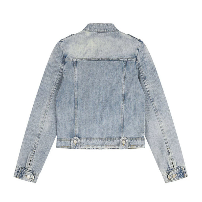 Damen Kurze Jeansjacke im Military-Stil mit Stehkragen, Schulterklappen und Pattentaschen Nord Taschen