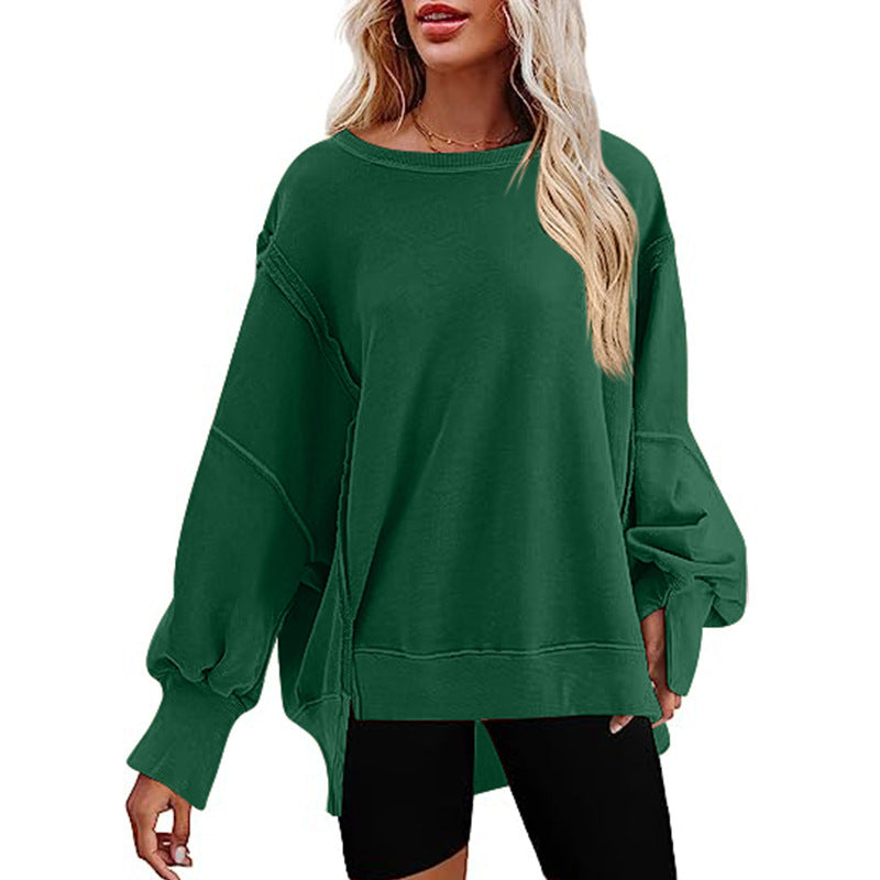 Damen Oversized Sweatshirt mit Ballonärmeln, seitlichen Schlitzen und offenen Kanten Nord Taschen