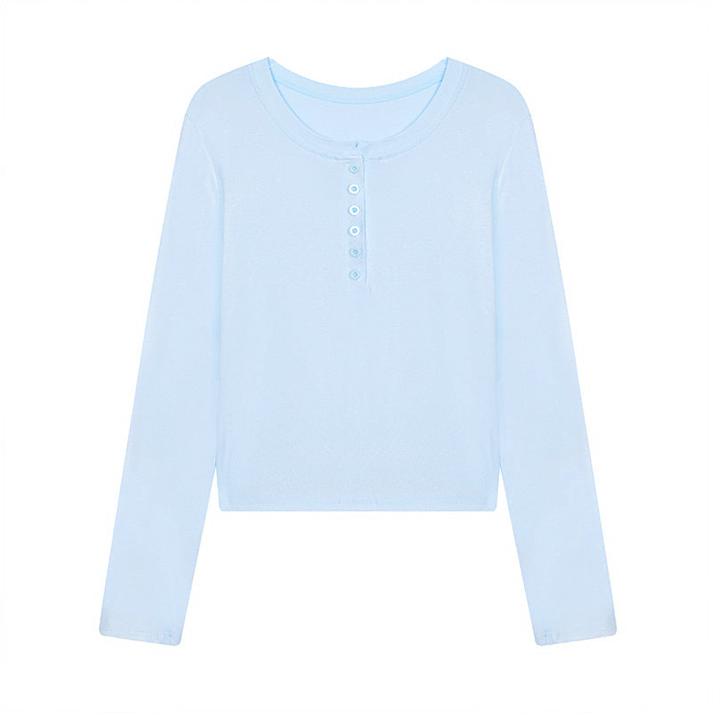 Damen Kurz geschnittenes Henley Langarmshirt aus Baumwolljersey mit Knopfleiste Nord Taschen