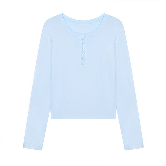 Damen Kurz geschnittenes Henley Langarmshirt aus Baumwolljersey mit Knopfleiste Nord Taschen