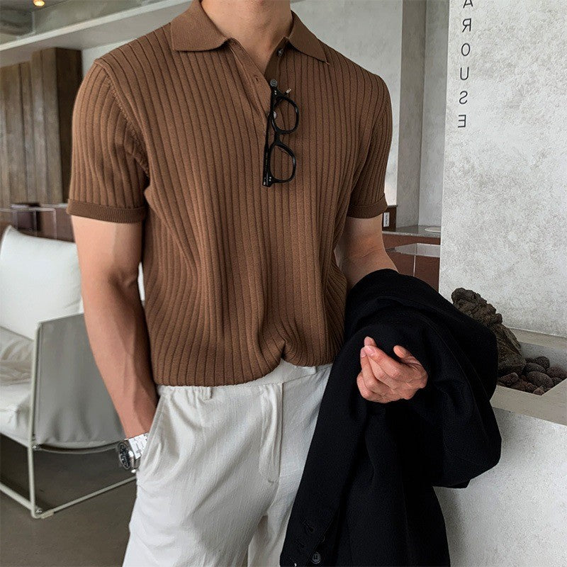 Herren nan schmal geschnittenes geripptes Poloshirt aus Feinstrick mit Kurzarm und Polokragen