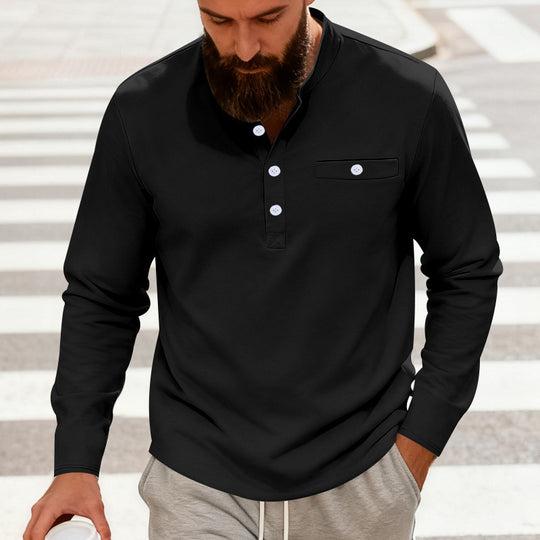 Herren Lässiges Henley-Langarmshirt mit Stehkragen, Brusttasche und abgerundetem Saum Nord Taschen