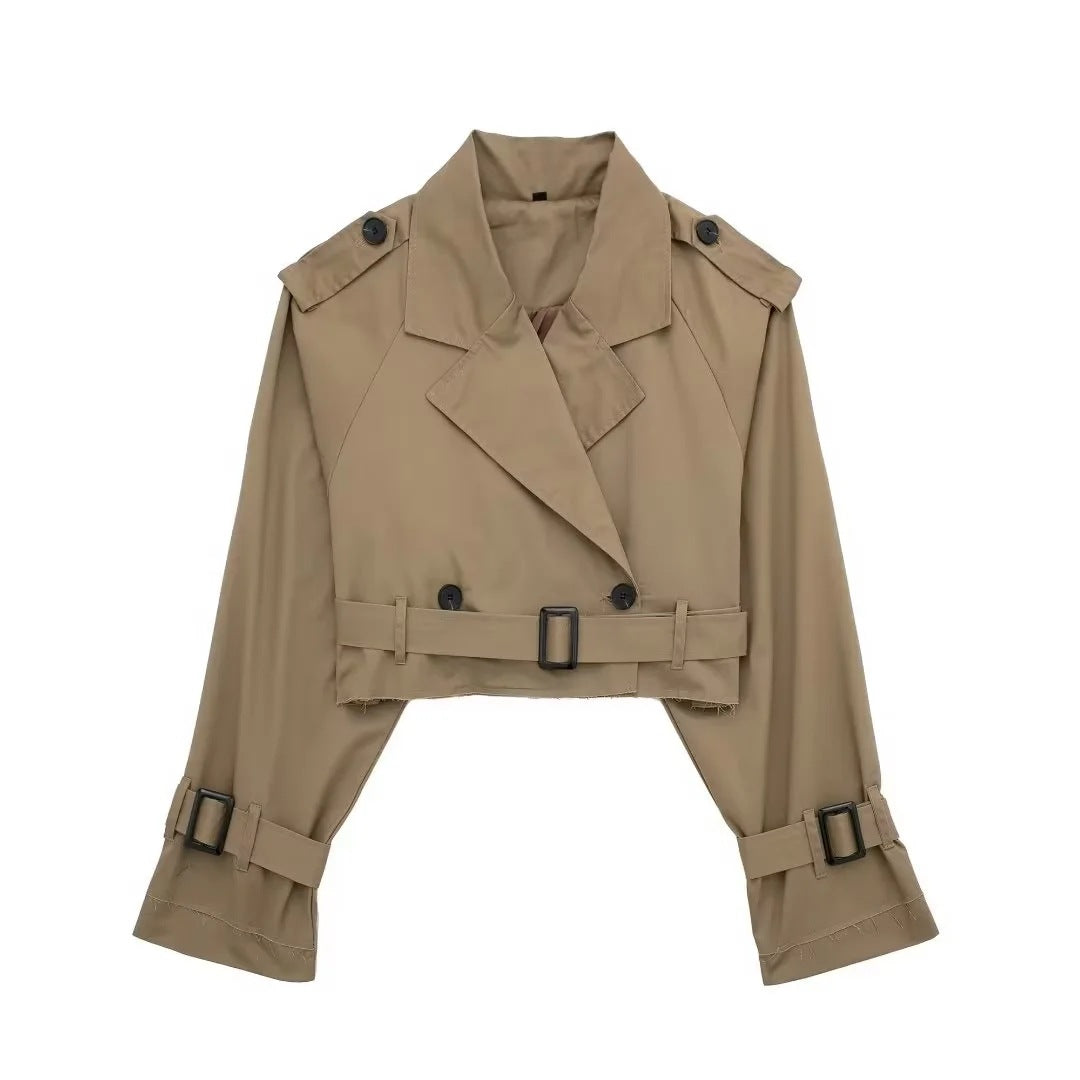 Damen kurzgeschnittene Trenchjacke mit Epauletten, Taillengürtel und verstellbaren Manschetten Nord Taschen