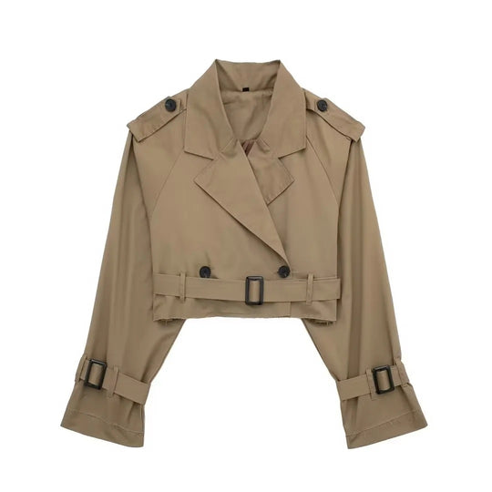 Damen kurzgeschnittene Trenchjacke mit Epauletten, Taillengürtel und verstellbaren Manschetten Nord Taschen