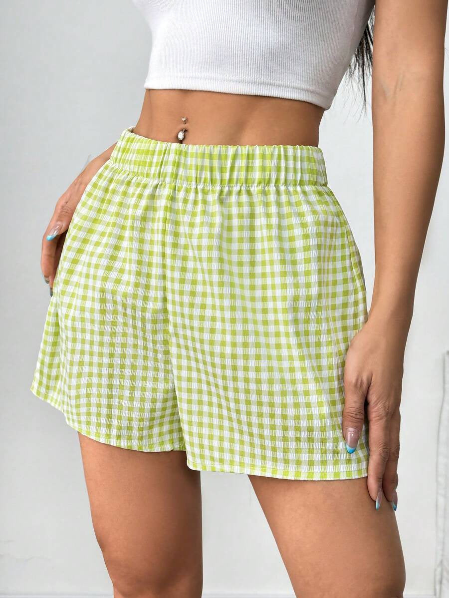 Damen luftige Karoshorts mit elastischem Bund und seitlichen Taschen Nord Taschen