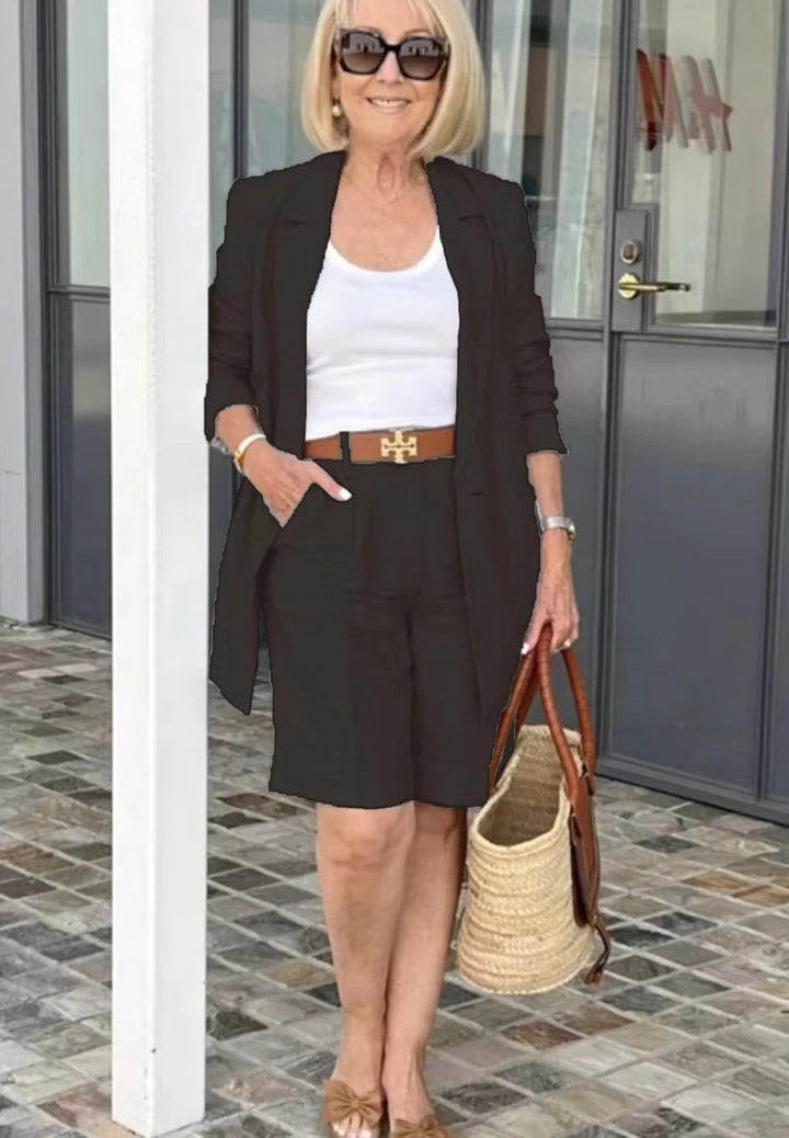 Damen Modisches Blazer-Shorts-Set mit doppelter Knopfleiste und eleganter Passform