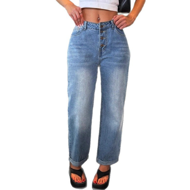 Damen Hochtaillierte Relaxed‑Straight‑Jeans mit sichtbarer Knopfleiste und Umschlag Nord Taschen