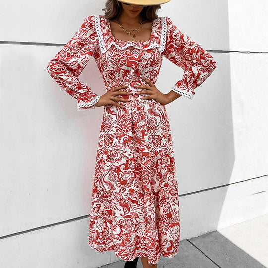 Damen Romantisches Midikleid im Boho‑Stil mit quadratischem Ausschnitt, Spitzenbesatz und Taillenzug Nord Taschen