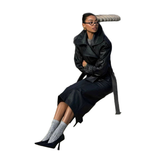Damen Taillierte Lederjacke mit kurzem Cape‑Einsatz, Schulterpolstern und Bindegürtel Nord Taschen