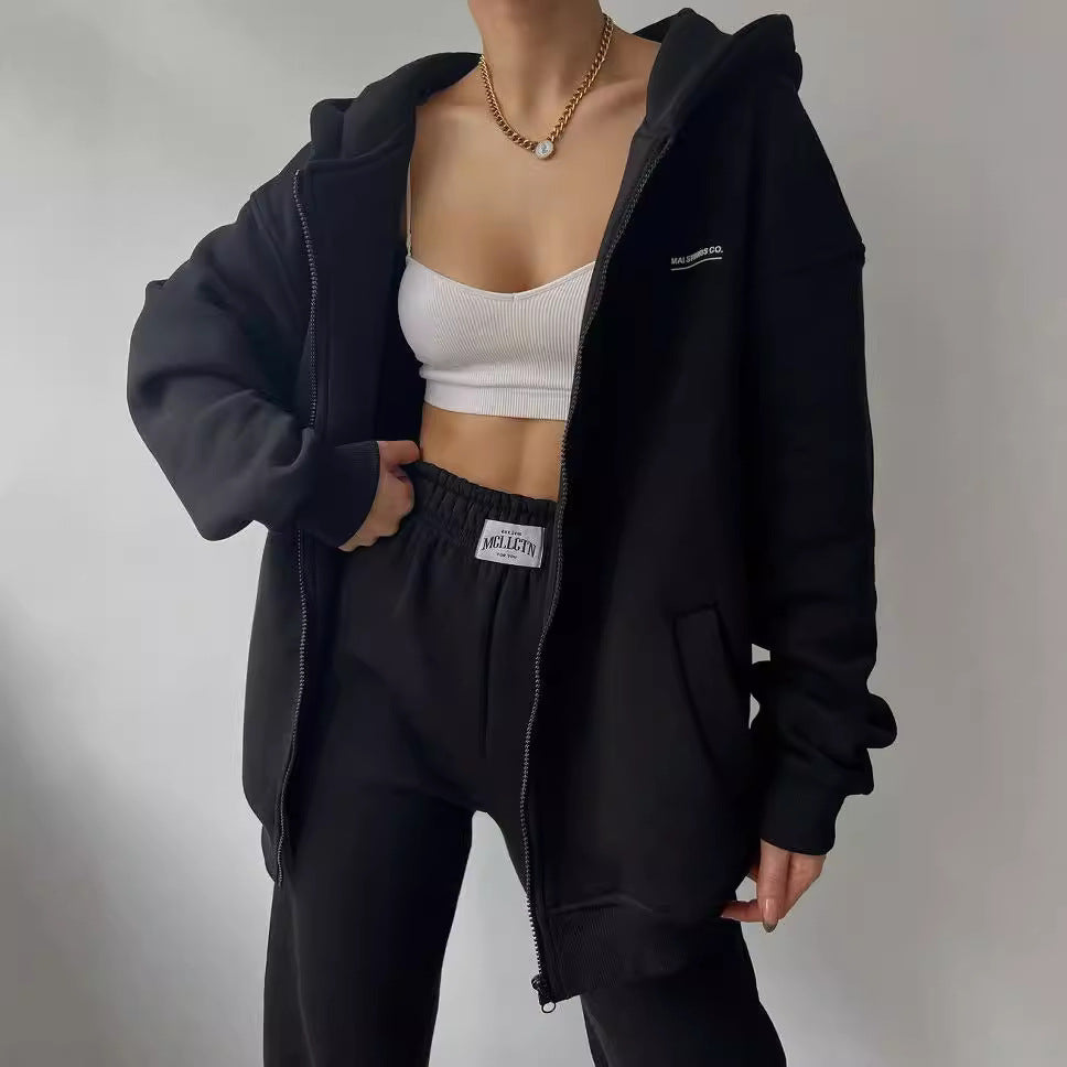 Damen Oversize Kapuzen-Sweatjacke mit Reißverschluss und High-Waist Jogginghose Set Nord Taschen