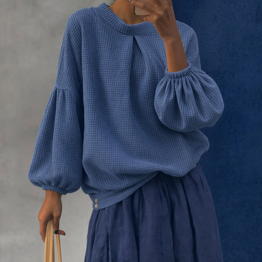 Damen Waffelstrick-Oversize-Bluse mit voluminösen Ballonärmeln Nord Taschen