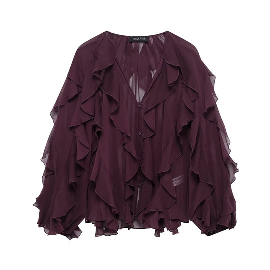 Damen Voluminöse Chiffon-Bluse mit Lagenvolants und Knopfleiste Nord Taschen