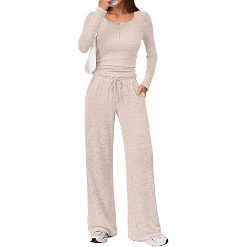 Damen Zweiteiliges Feinstrick-Lounge-Set mit Henley-Top und Palazzo-Hose Nord Taschen