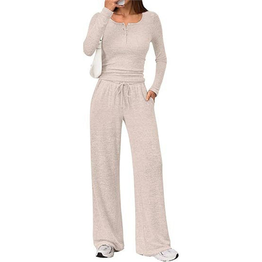 Damen Zweiteiliges Feinstrick-Lounge-Set mit Henley-Top und Palazzo-Hose Nord Taschen
