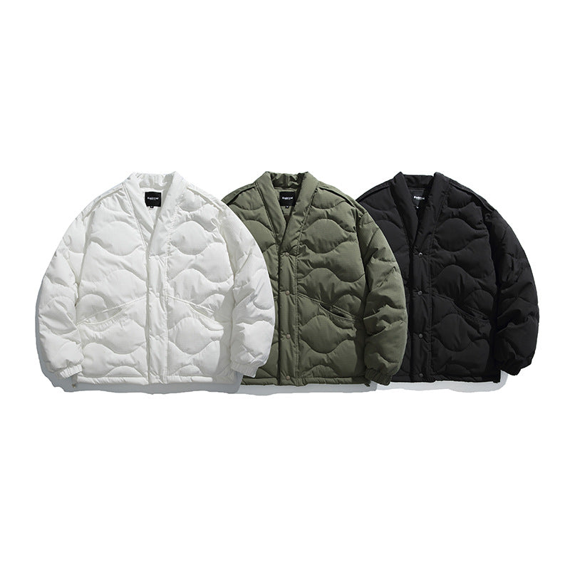 Unisex Oversize-Steppjacke mit V-Ausschnitt, Druckknopfverschluss und wattierter Isolation Nord Taschen