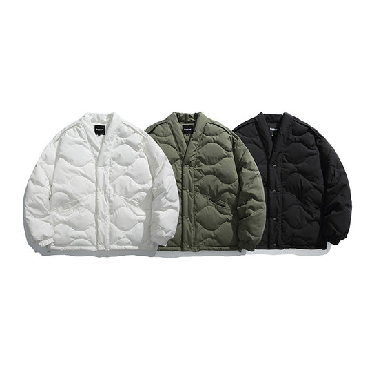 Unisex Oversize-Steppjacke mit V-Ausschnitt, Druckknopfverschluss und wattierter Isolation Nord Taschen