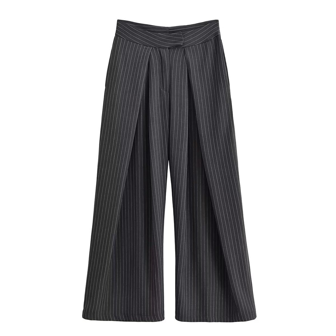 Damen Palazzo-Hose mit Nadelstreifen, vorn segmentierten Falten und hoher Bund Nord Taschen