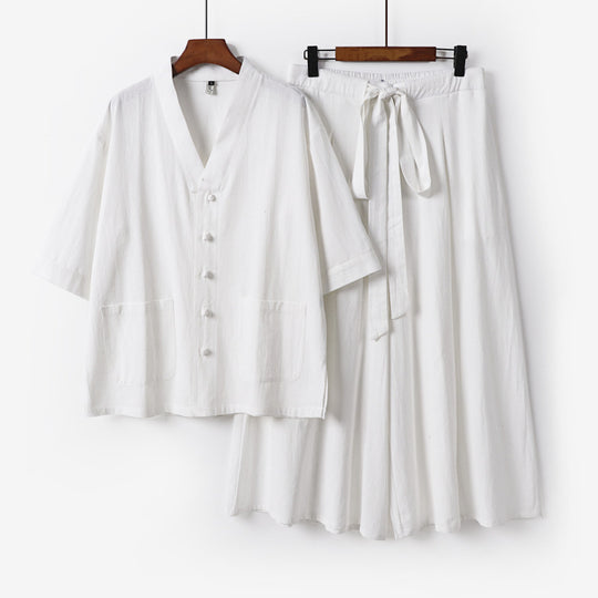 Damen Zweiteiliges Kimono-Lounge-Set mit Kurzarm-Knopfjacke, aufgesetzten Taschen und weiten Palazzo-Hosen Nord Taschen