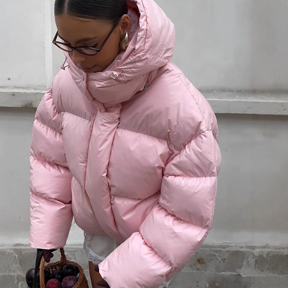 Damen kurze oversized Stepp-Daunenjacke mit Kapuze und hohem Stehkragen Nord Taschen