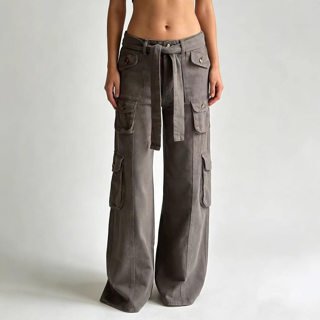 Damen weite Cargo-Hose mit hoher Taille, Bindegürtel und mehreren aufgesetzten Klappentaschen Nord Taschen