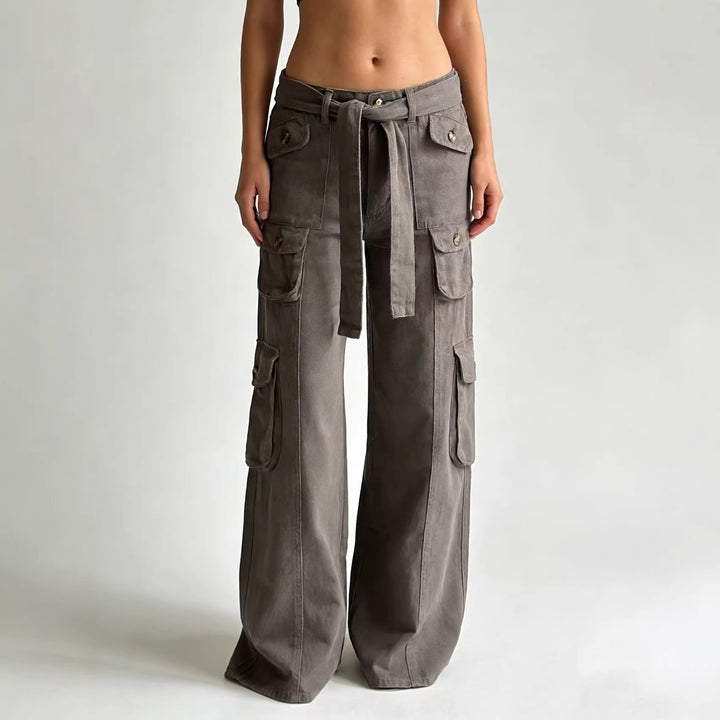 Damen weite Cargo-Hose mit hoher Taille, Bindegürtel und mehreren aufgesetzten Klappentaschen Nord Taschen