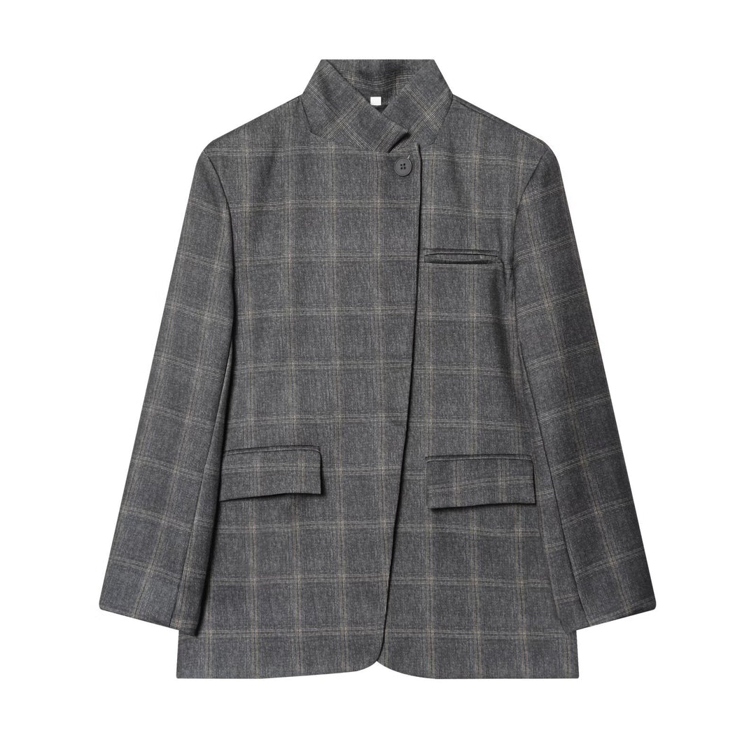 Damen Karierter Longblazer mit Stehkragen, verdeckter Knopfleiste und Pattentaschen Nord Taschen