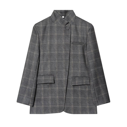 Damen Karierter Longblazer mit Stehkragen, verdeckter Knopfleiste und Pattentaschen Nord Taschen
