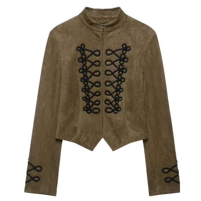 Damen Kurz geschnittene Wildlederjacke im Military‑Look mit Stehkragen und dekorativer Kordelfrosch‑Applikation Nord Taschen