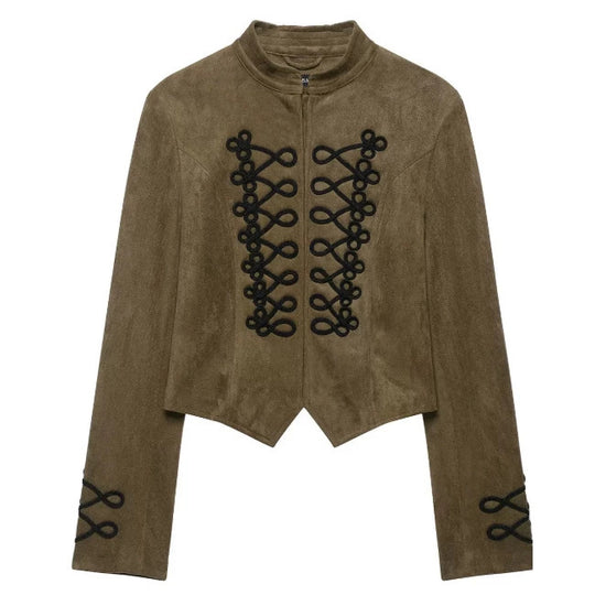 Damen Kurz geschnittene Wildlederjacke im Military‑Look mit Stehkragen und dekorativer Kordelfrosch‑Applikation Nord Taschen