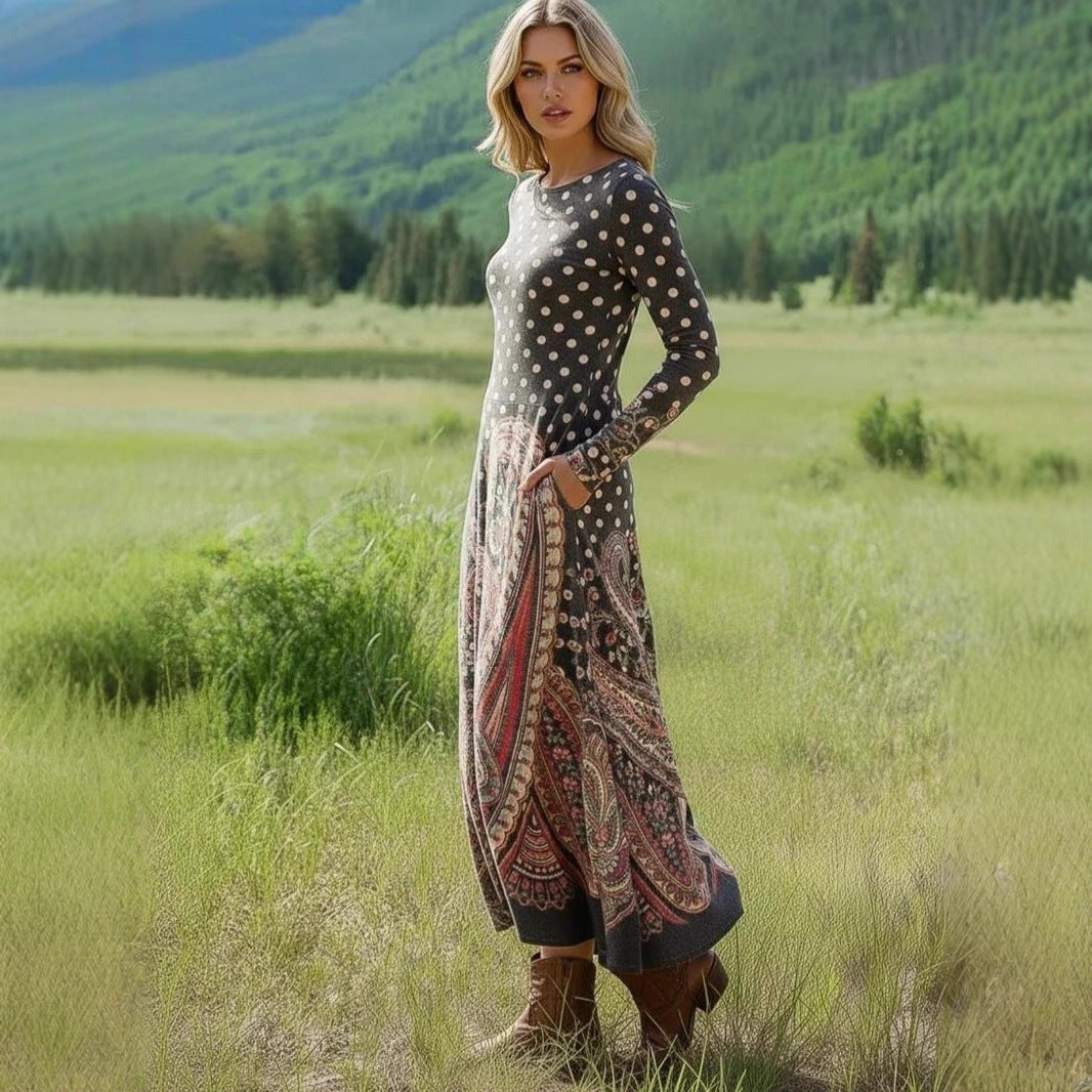 Damen Elegantes Maxikleid mit Punkten und Paisleymuster Nord Taschen