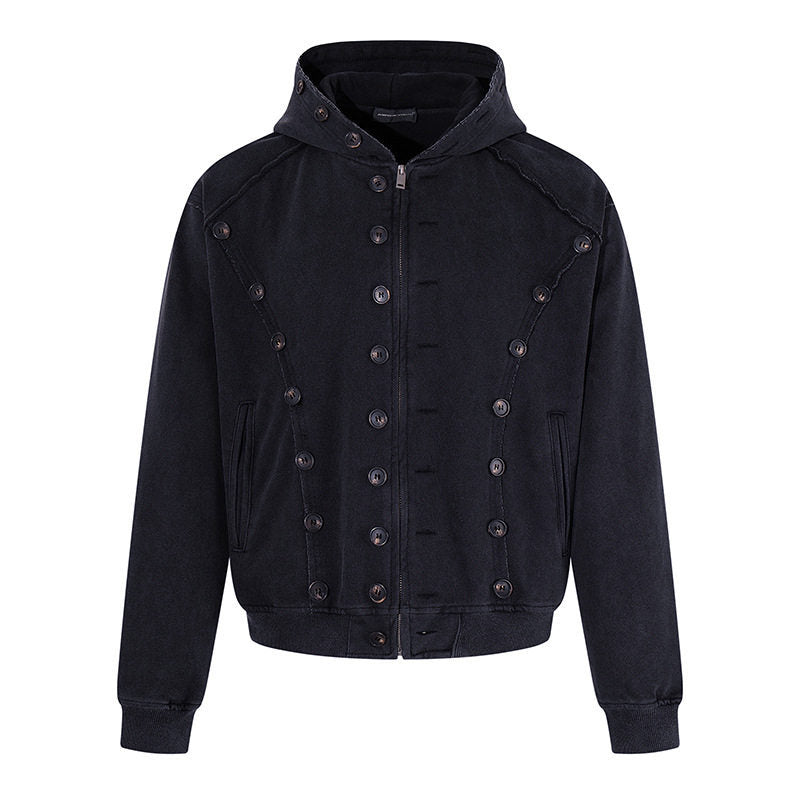 Herren Kapuzen-Zipjacke mit dekorischer Knopfreihe, vintage-inspirierter Waschung und elastischem Saum Nord Taschen