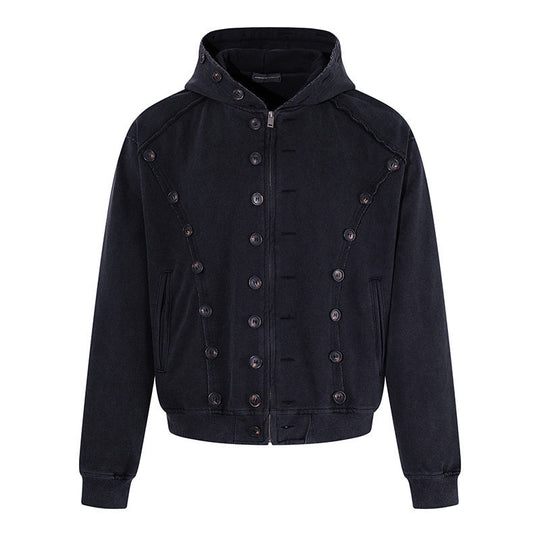 Herren Kapuzen-Zipjacke mit dekorischer Knopfreihe, vintage-inspirierter Waschung und elastischem Saum Nord Taschen