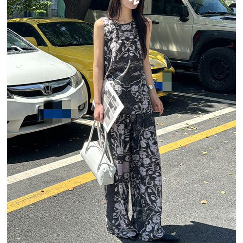 Damen Weite Leinenmix-Hose mit Elastikbund, Palazzoschnitt und ornamentalem Print Nord Taschen