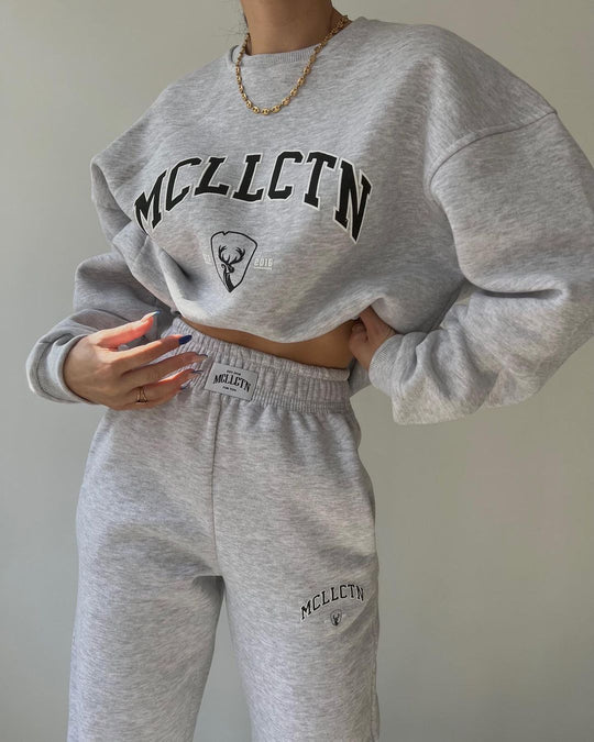 Damen Oversized College-Sweatshirt und High-Waist-Jogger-Set aus French-Terry Nord Taschen