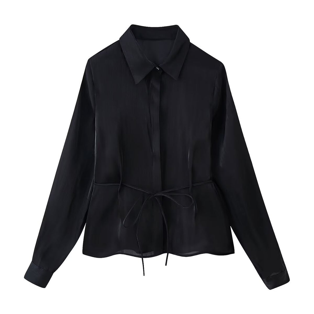 Damen Seidenähnliche Bluse mit Taillen-Zugband und verdeckter Knopfleiste Nord Taschen