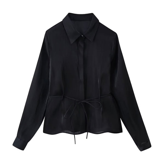 Damen Seidenähnliche Bluse mit Taillen-Zugband und verdeckter Knopfleiste Nord Taschen