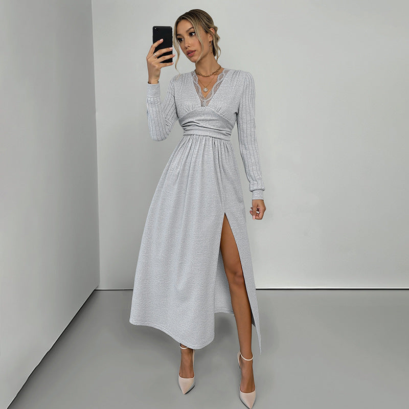 Damen Elegantes Wickel‑Maxikleid mit Spitzenbesatz, tailliertem Knotenbund und hohem Beinschlitz Nord Taschen