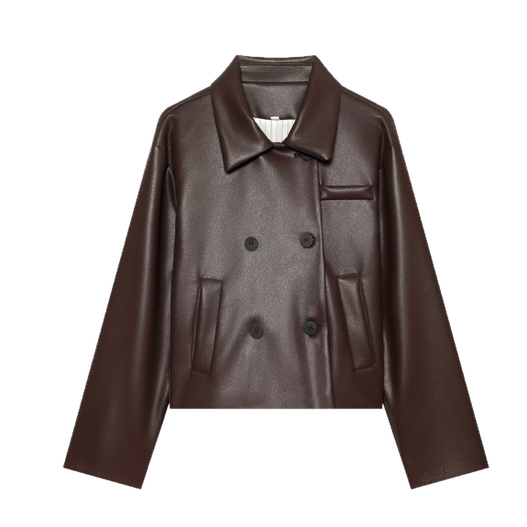 Damen Kurz geschnittene doppeltreihige Kunstlederjacke im Boxy‑Schnitt mit Hemdkragen Nord Taschen