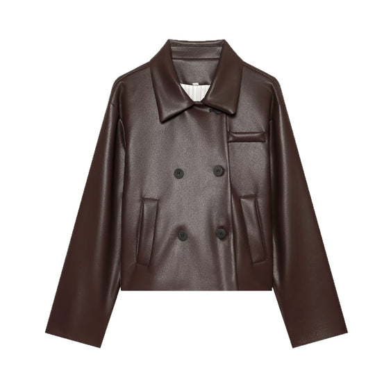 Damen Kurz geschnittene doppeltreihige Kunstlederjacke im Boxy‑Schnitt mit Hemdkragen Nord Taschen
