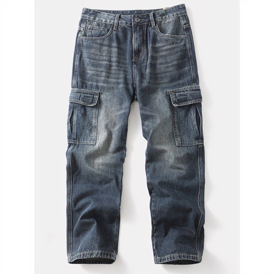 Herren Cargo-Jeans mit aufgesetzten Beintaschen und Used-Waschung Nord Taschen