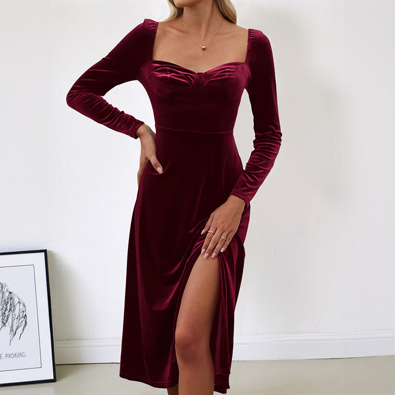 Damen Samt-Midikleid mit herzförmigem Ausschnitt, taillierter Schnitt & hohem Beinschlitz Nord Taschen