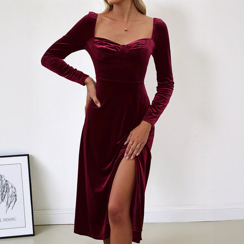 Damen Samt-Midikleid mit herzförmigem Ausschnitt, taillierter Schnitt & hohem Beinschlitz Nord Taschen