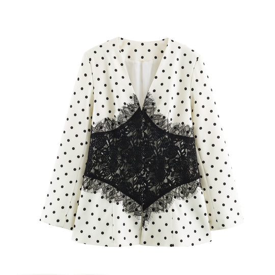 Damen Taillierter Blazer mit Polka‑Dot‑Muster und spitzenbesetztem Korsettdetail Nord Taschen