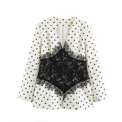 Damen Taillierter Blazer mit Polka‑Dot‑Muster und spitzenbesetztem Korsettdetail Nord Taschen